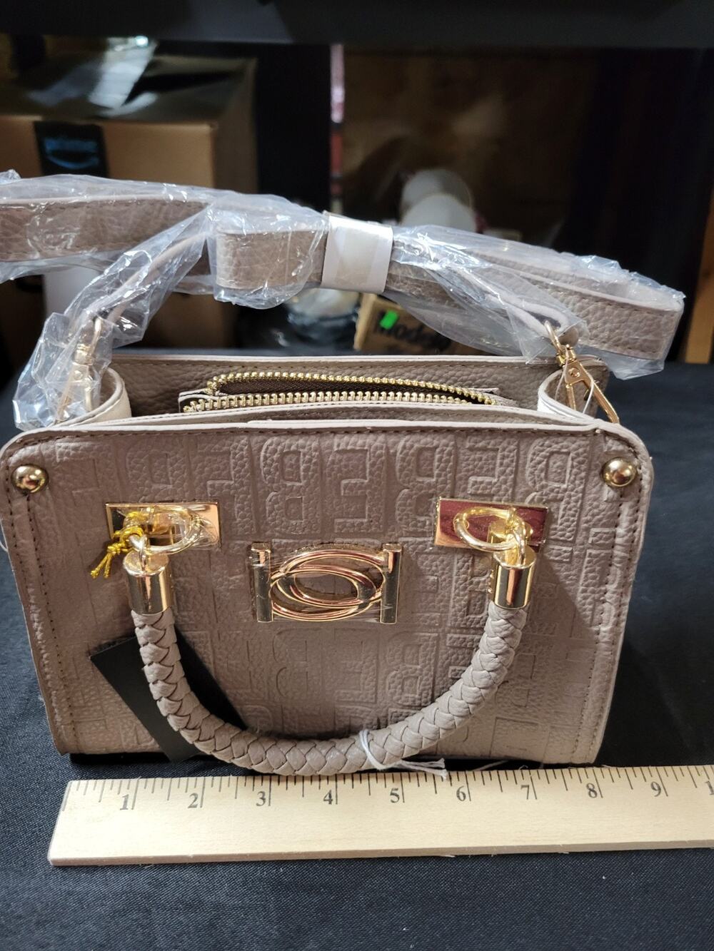 Bebe Alexandria Small Shopper Taupe Handbag with Gold Accents BRAND NEW